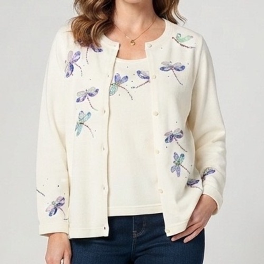Quacker Factory Womens 2X Dragonfly Embroidered Rhinestone Cardigan Twin Set